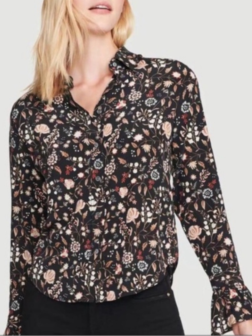 Frame Noir Multi Silk Button Down Blouse Ruffle Cuff Size Medium - Picture 11 of 13